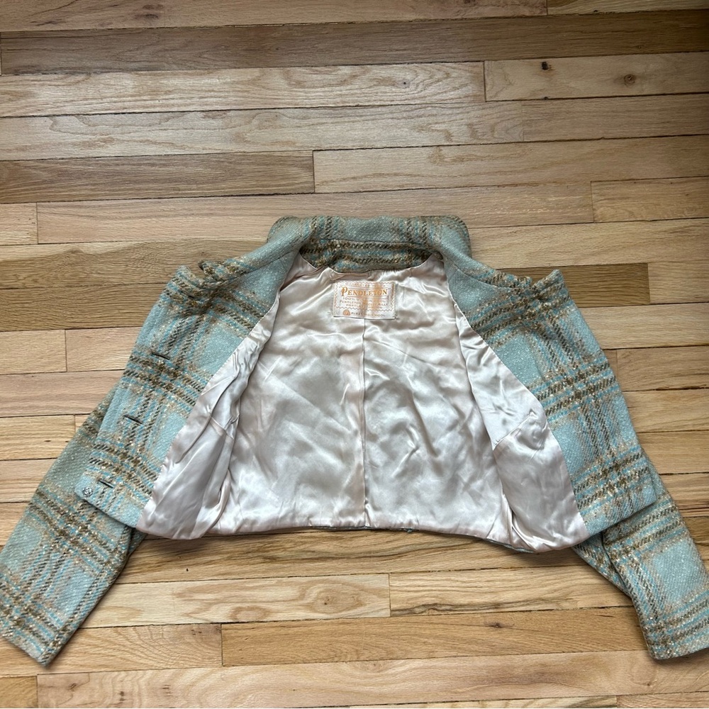 VINTAGE 50s 60s Turquoise Pendleton Plaid Cropped Jacket - Picture 2 of 9